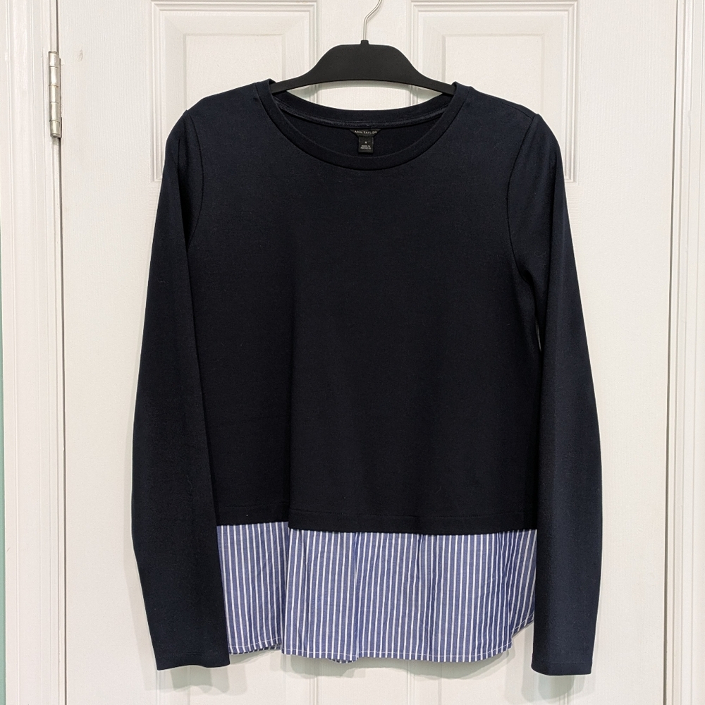 Ann Taylor Navy Long Sleeve Top with Blue Striped Hem